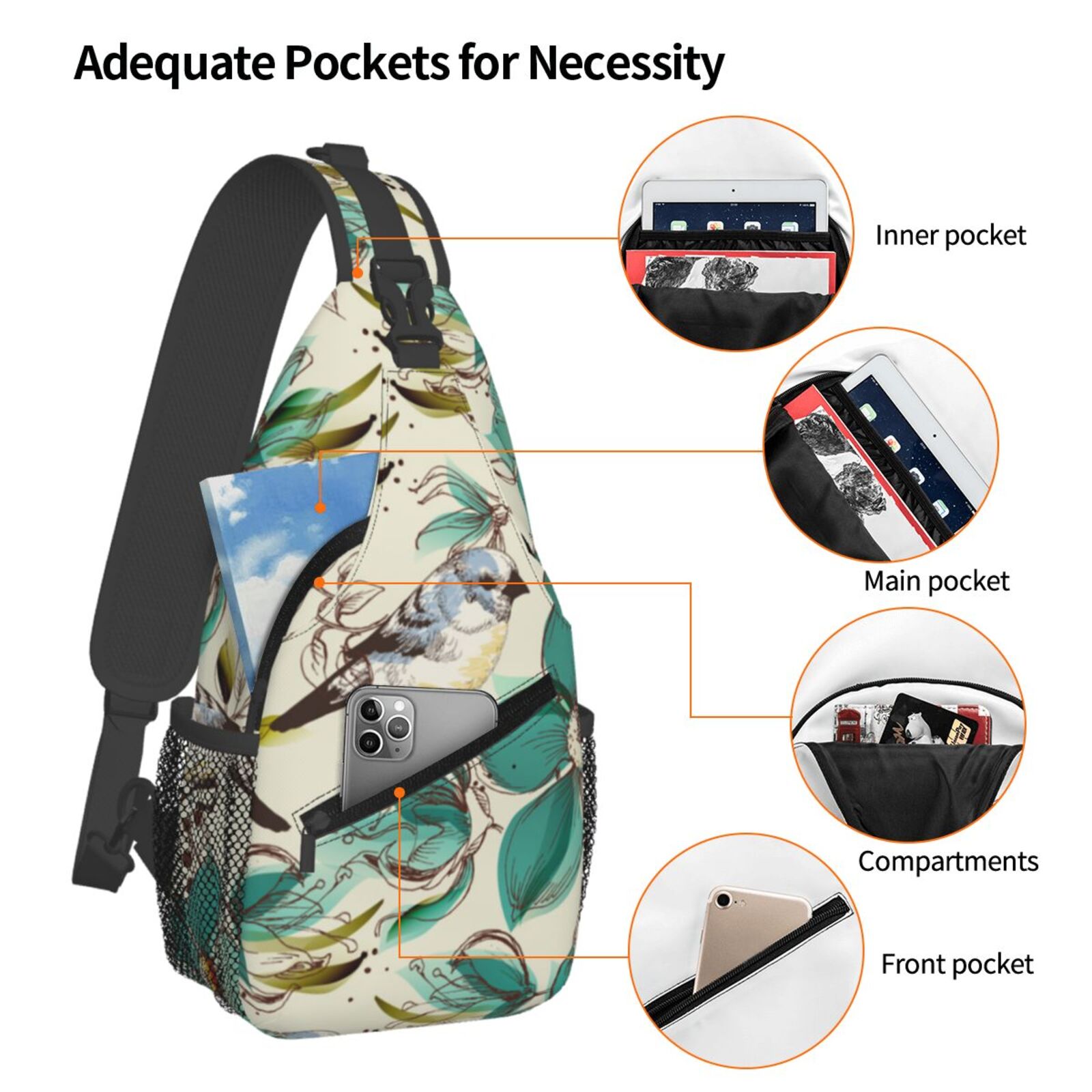 Retro Flowers Birds Watercolor Sling Backpack Shoulder Chest Crossbody Bag Causal Travel Hiking Daypack