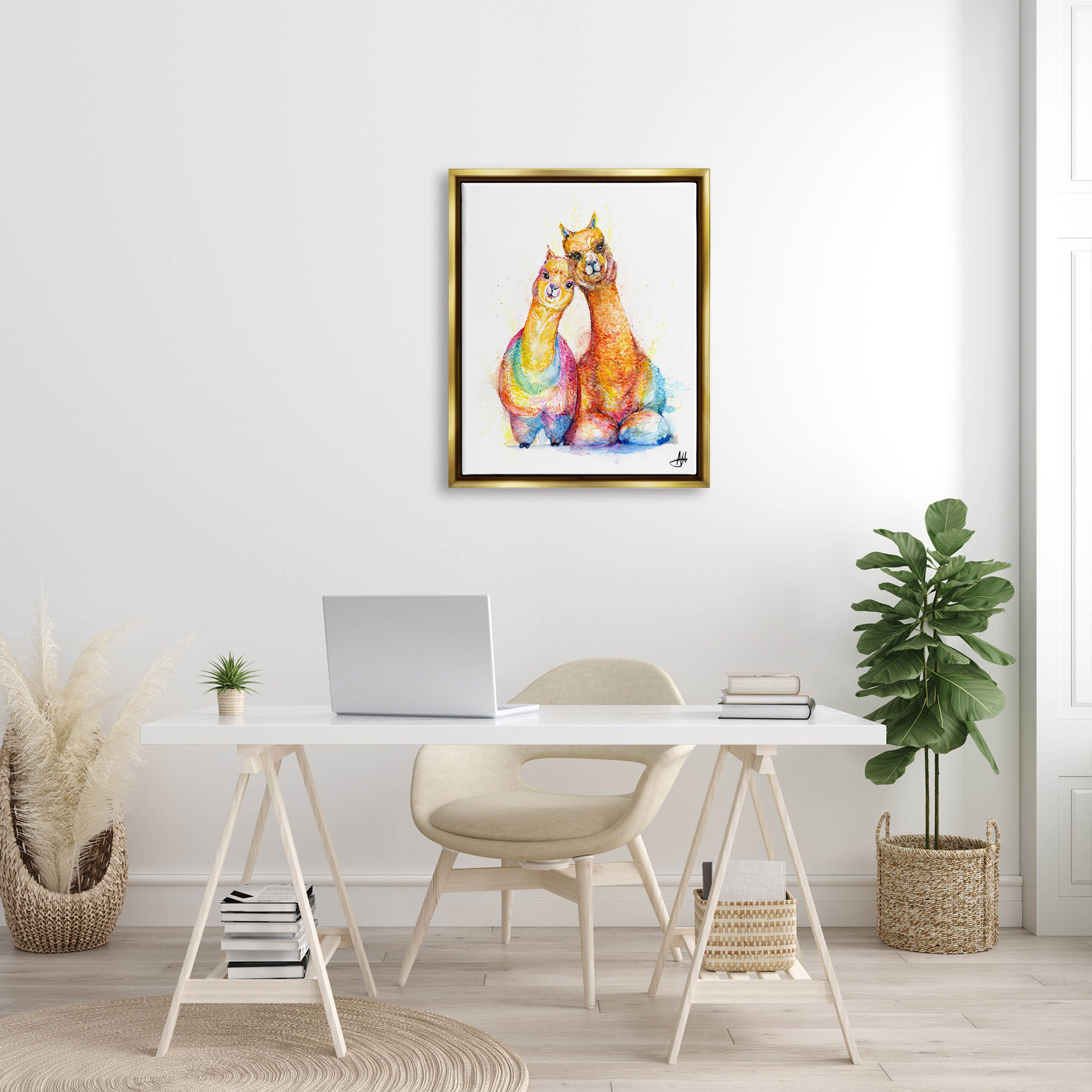 Smiling Alpacas Rainbow Animals Animals & Insects Graphic Art Metallic Gold Framed Art Print Wall Art