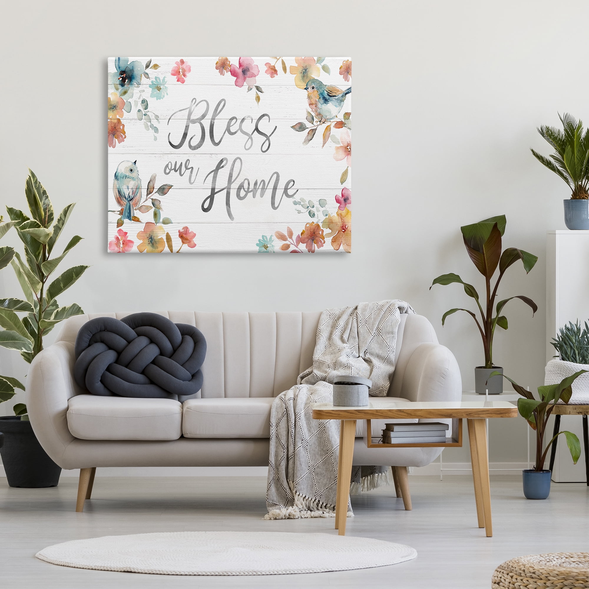 Stupell Industries Bless Our Home Greeting Watercolor Birds Blooming Flowers, 48 x 36, Design by Carol Robinson