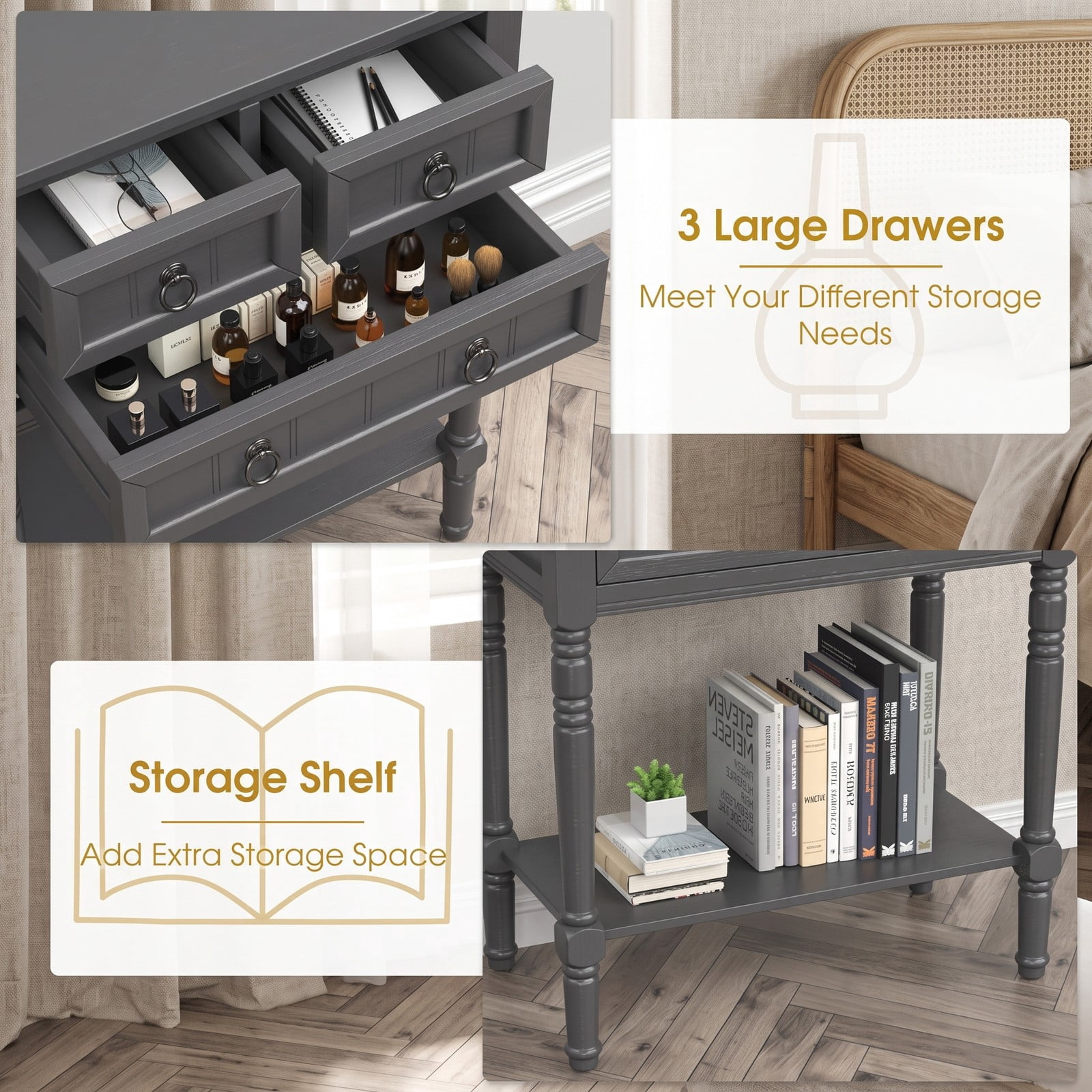 Furnibear Narrow Console Table with 3 Storage Drawers and Open Bottom Shelf and Turned Legs for Entryway and Hallway, Dark Gray