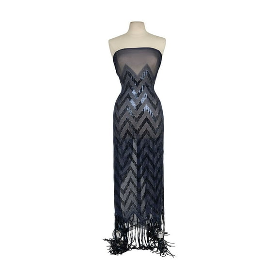 Zelouf Chevron Sequin With Fringe  , Sewing, DIY, Crafts Fabric by the Yard, Navy Combo, 3 Yard
