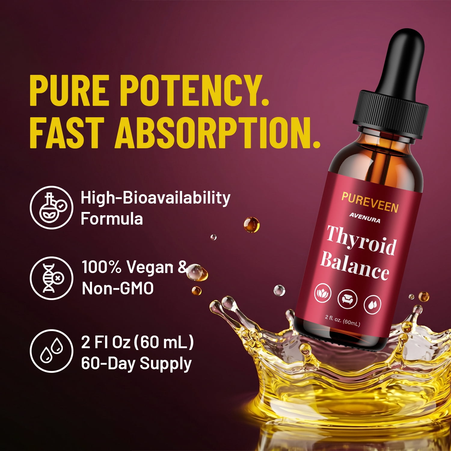 Pureveen Liquid Drops – Pure Veen Drops Extra Strength Natural Blend Thyroid Balance Advanced Formula, 2 Pack, 2 Month Supply