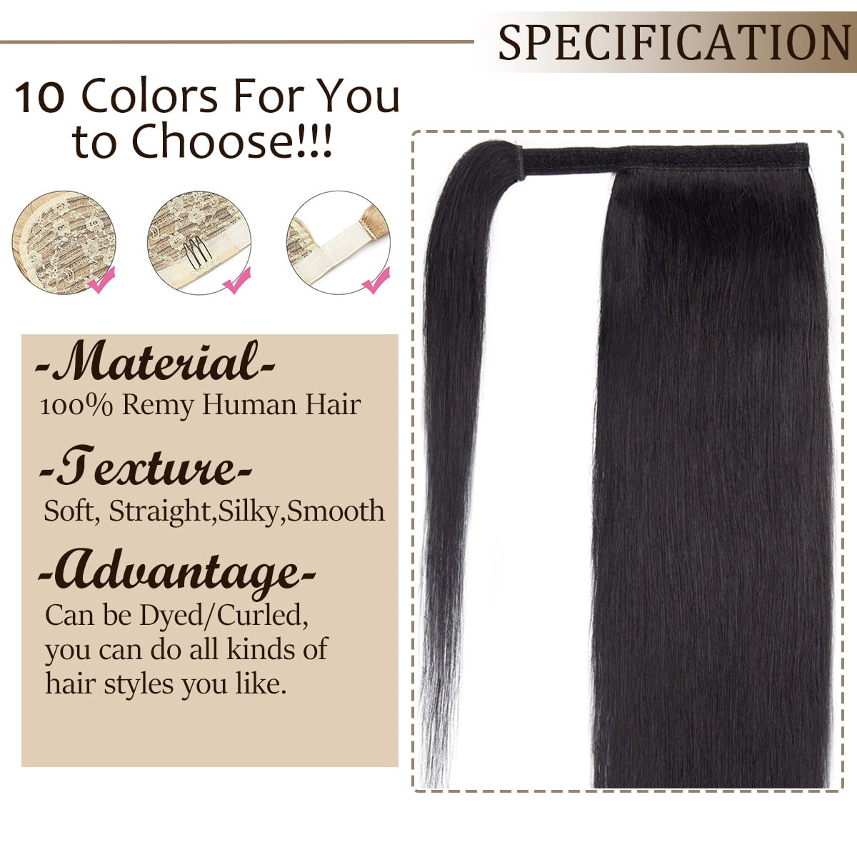 SEGO Clip in Hair Extensions 100% Remy Human Hair Wrap Around Ponytail Extension Thick Long Straight Black Hairpiece with Comb Magic Paste Pony Tail