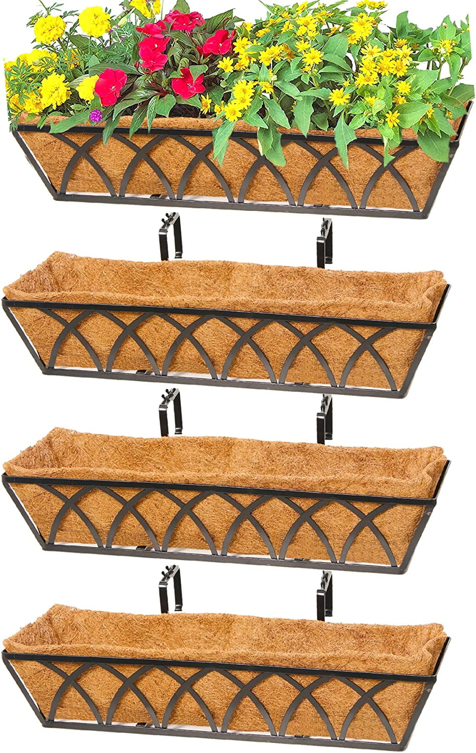 24-inch Black Metal Window Box Planter with Coco Liner, Set of 4 ...