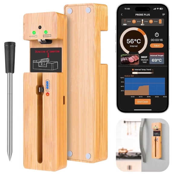 Wireless Bluetooth Meat Thermometer, IPX7 Waterproof Single Probe Cooking Thermometer, Long Range BBQ Grill Thermometer, App Controlled Digital Food Thermometer for Oven Smoker Grilling, Compatible w