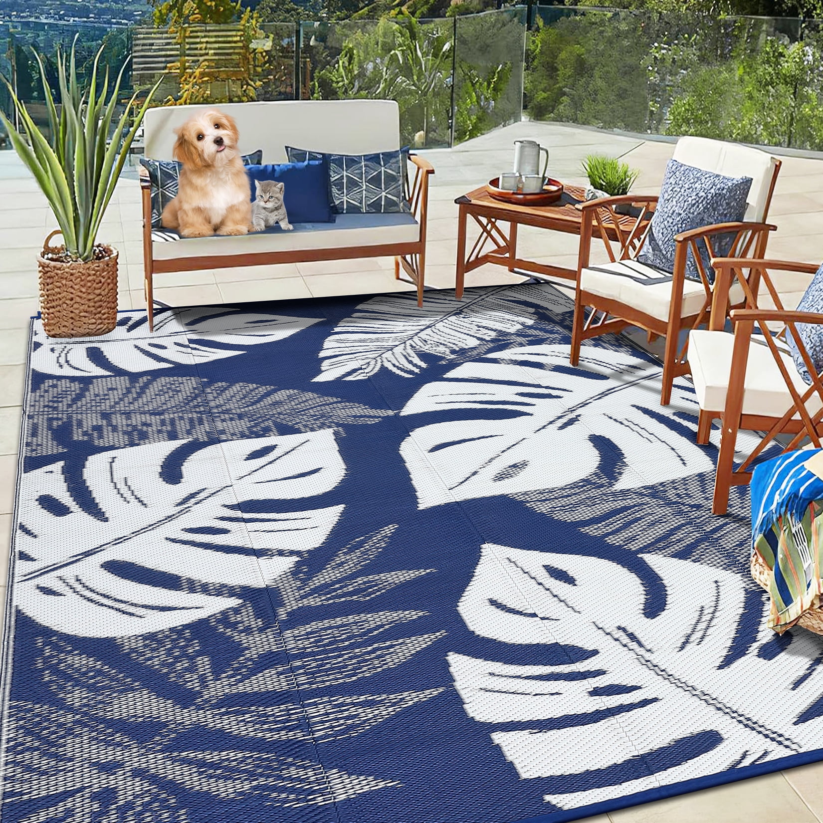 GlowSol 10'x14' Outdoor Rug Plastic Straw Weatherproof Reversible Rug Modern Leaves Patio Camping Rugs for Deck Porch Picnic Balcony, Dark Blue White
