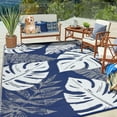 thumbnail image 2 of GlowSol 8'x10' Outdoor Rug Plastic Straw Weatherproof Reversible Rug Modern Leaves Patio Camping Rugs for Deck Porch Picnic Balcony, Dark Blue White, 2 of 8