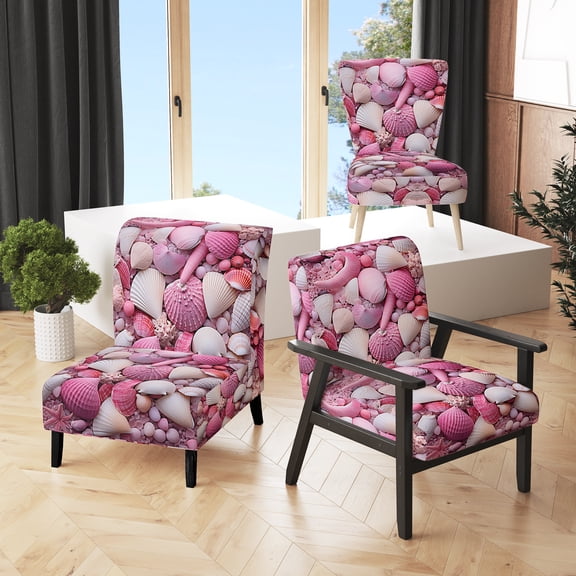 Designart "Rosy Shoreline Shell" Pink Nautical & Beach Upholstered Accent Chair - Nautical & Coastal Arm Chair For Living Room