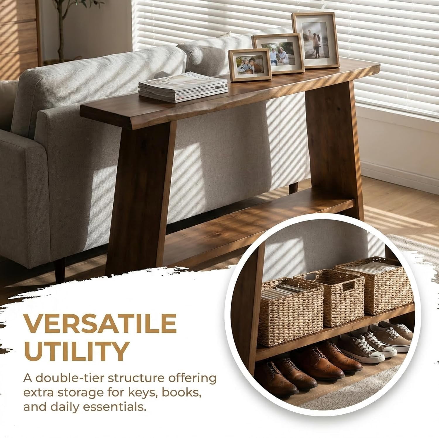 63" Solid Wood Console Table with 2-Tier Storage, Narrow Entryway Table, Slim Sofa Table for Hallway, Living Room, Foyer, Brown