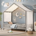 thumbnail image 1 of Cama de piso Montessori con toldo, Marco completo de cama para niños, Casa forma niños cama marco con barandillas altas, Cama de niños de madera con techo, 1 of 5