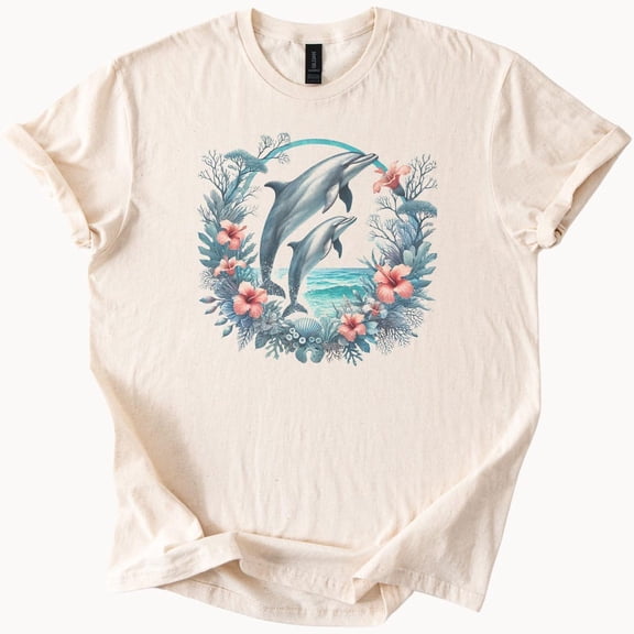 Kiraa Tee With Dolphin Ocean Scene T Shirt With Tropical Flowers And Coral Reef Graphic Beach Wildlife Nature Tee Marine Life Aesthetic Shirt Birthday Gifts; For Men & Women