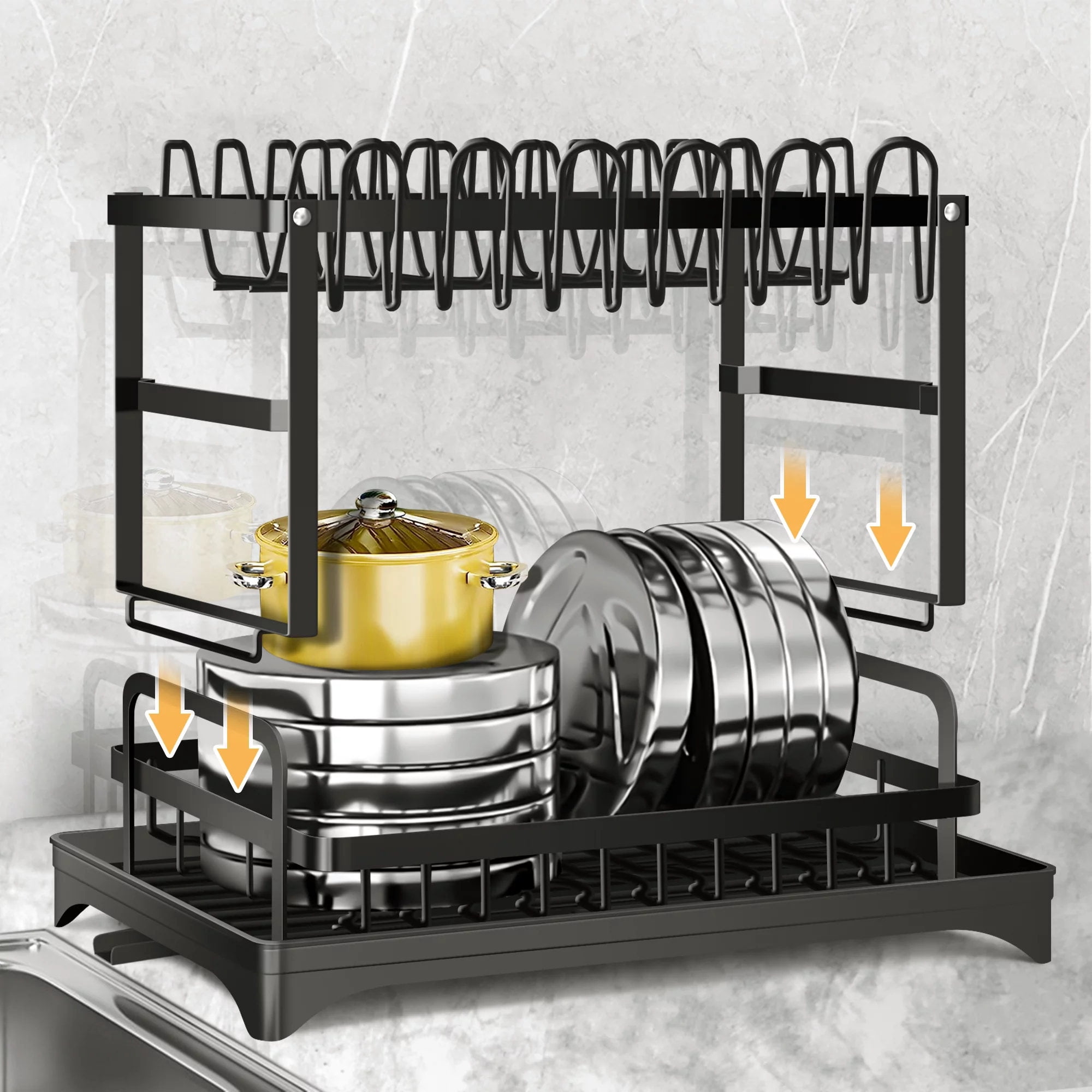 2 Tier Dish Racks for Kitchen Counter, Dish Drying Rack with Dish Drainer, Durable Stainless Steel Dish Rack Drain Set with Utensil Holder, Cutting Board Holder, Kitchen Dishes Organizers
