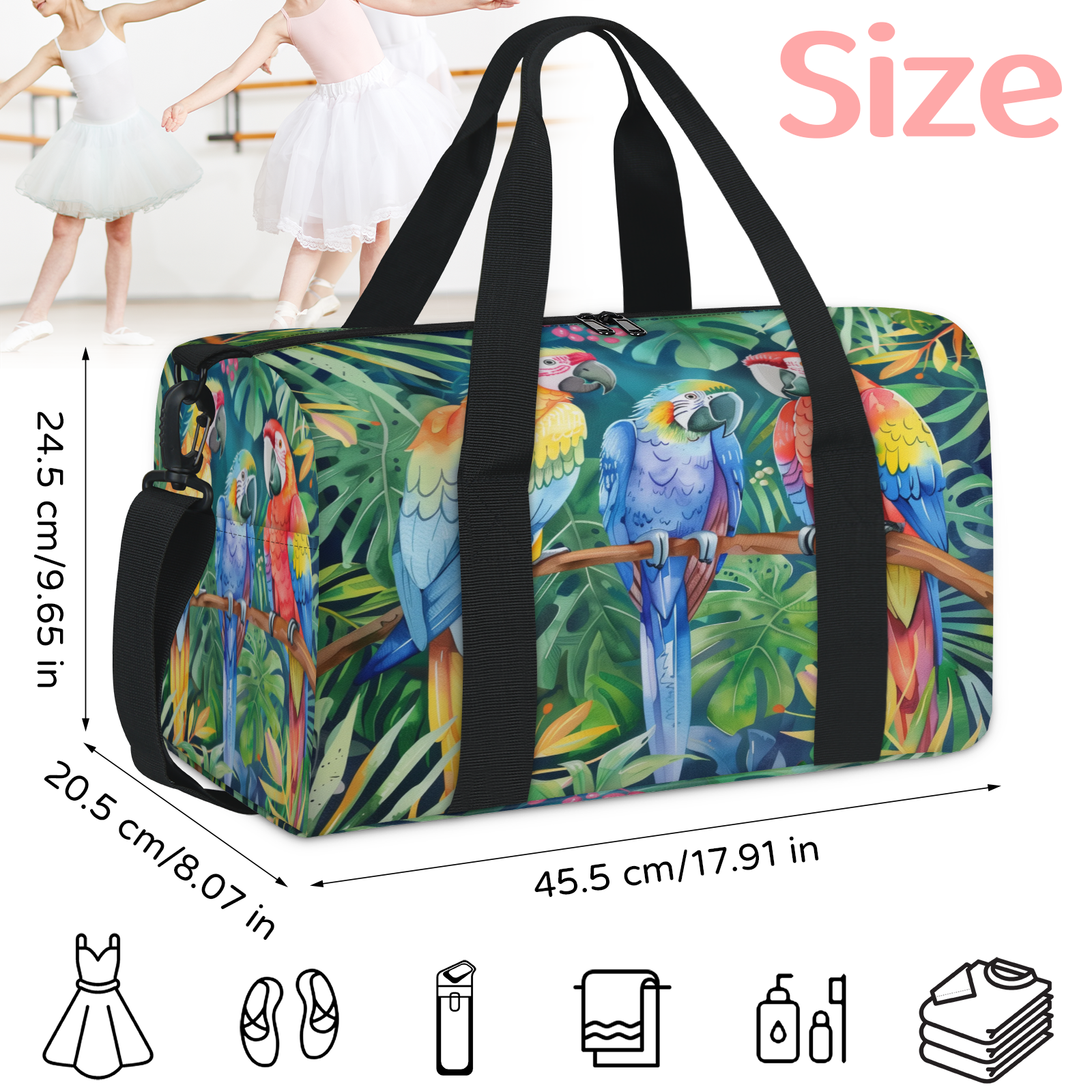 Herdesigns Parrot Bird Travel Duffle Bag Sports Yoga Weekender Overnight Carry on Workout Bags Lightweight Waterproof Gym Tote Bag for Women