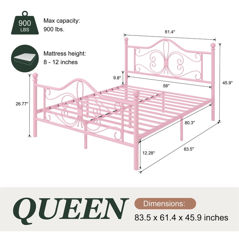 Amolife Queen Metal Platform Bed with Butterfly Headboard, Pink photo 7