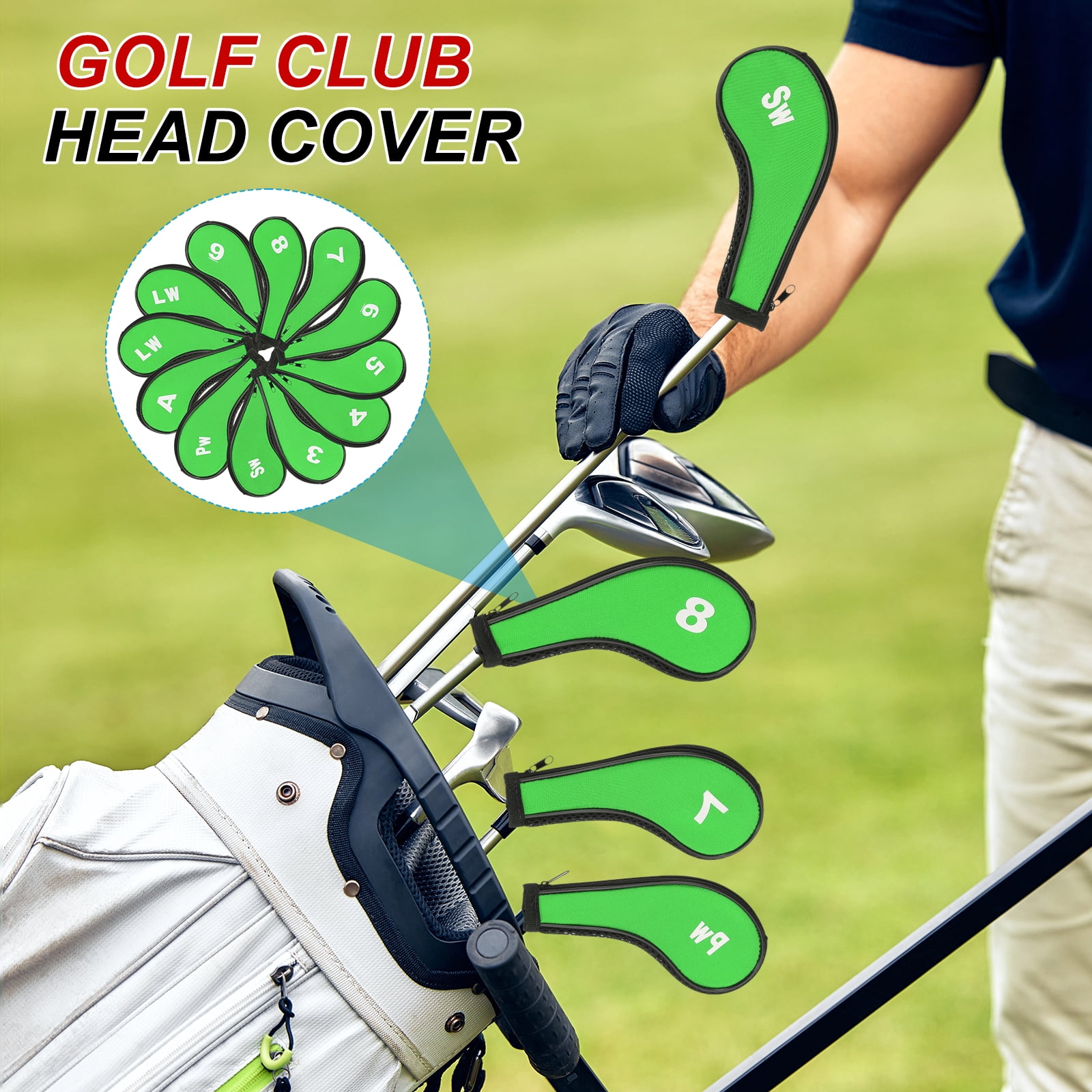 Golf Club Head Cover, 12 Pcs Neoprene Driver Headcover Golf Lovers Gifts for Men Women Green