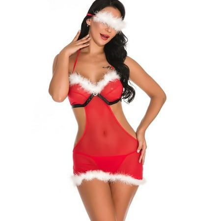 

Women Sexy Nightwear See-Through Dress Mesh Deep V-Neck Plush Neck-Hanging Backless Lingerie
