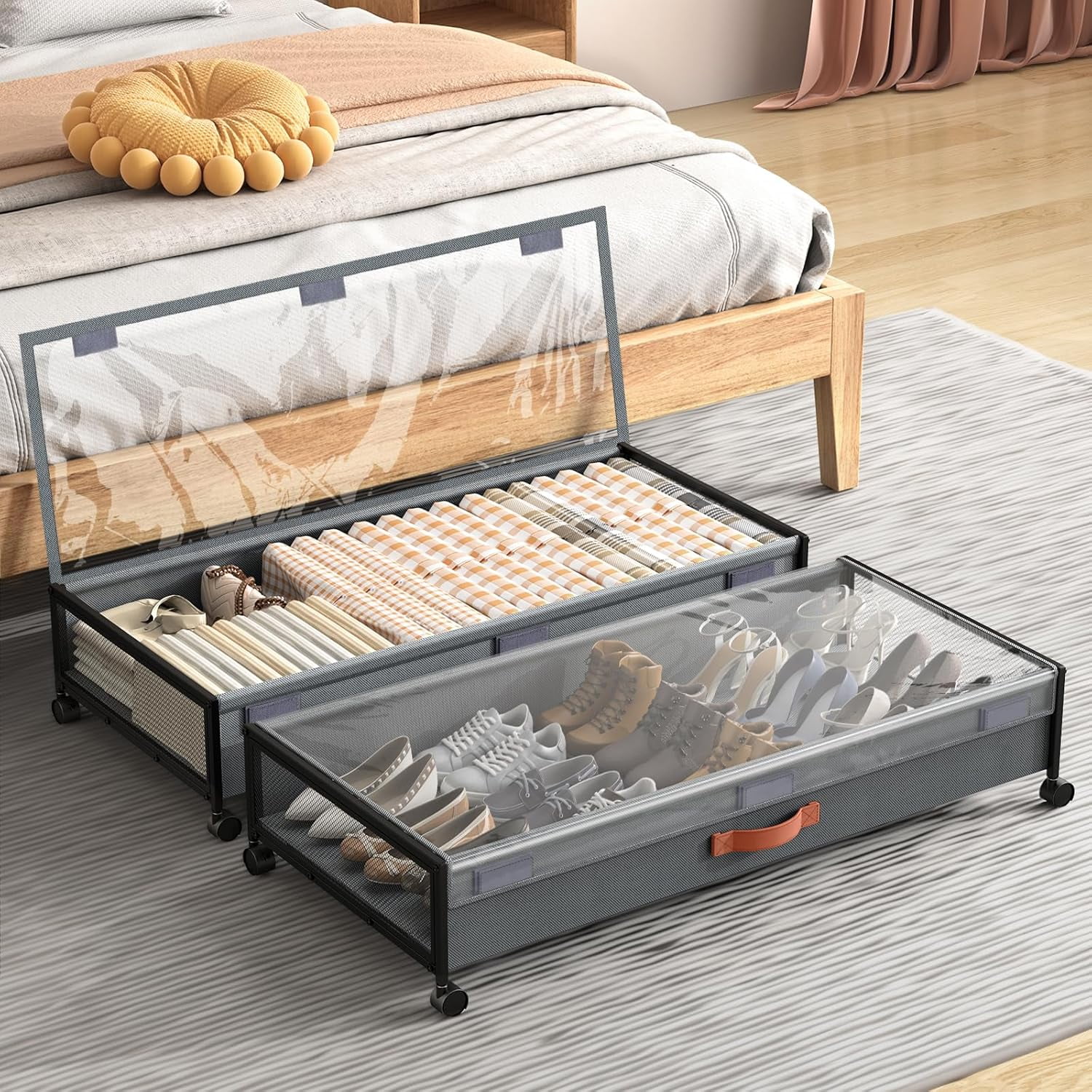 2-Pack Under Bed Storage Containers With Wheels - 30.5" X 17" X 5.5", Clear Top, Sturdy PP Board Bottom, Collapsible, For Clothes, Blankets, Toys