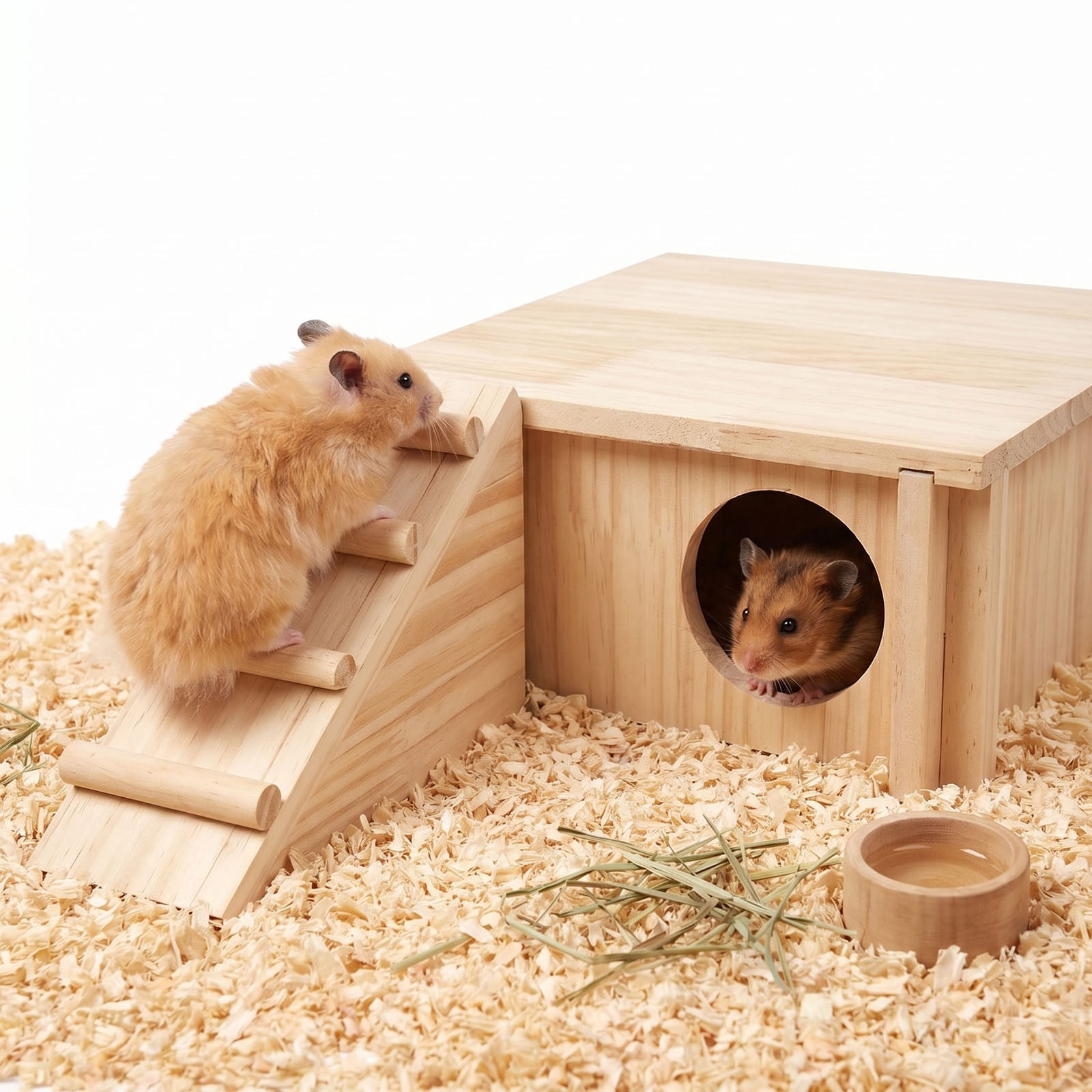 Wooden Hamster Hideout with Ladder - Natural Small Animal Habitat for Mice and Gerbils Indoor Wooden with Two- Design and Chew- Construction