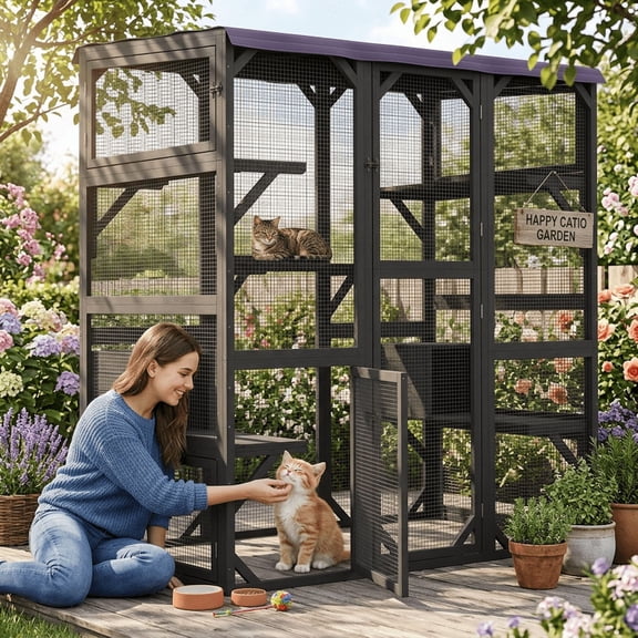 AIHO Wooden Dog Crate Furniture with Double Doors , Black