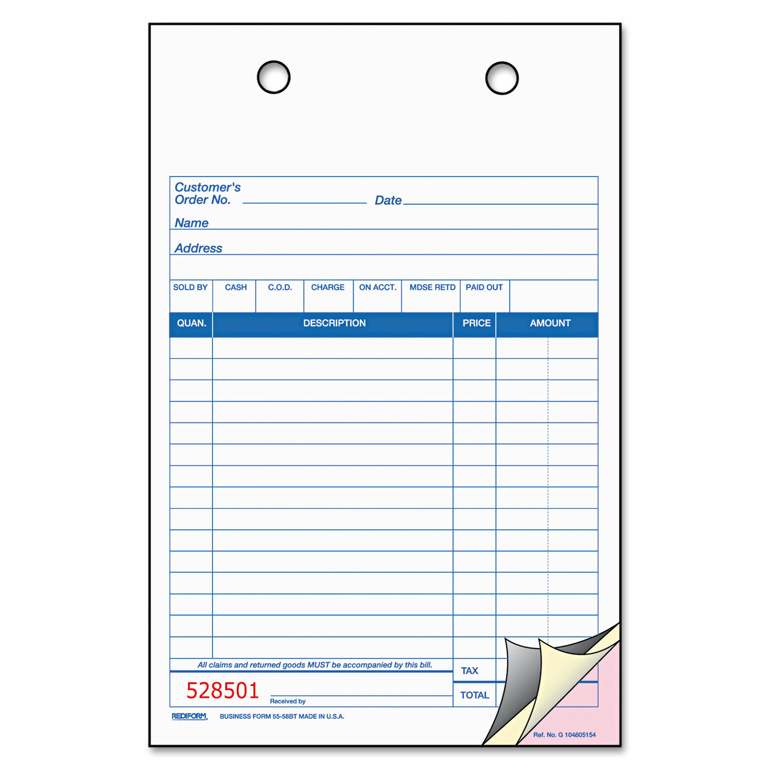 Rediform Sales Form for Registers, 1/2 x 1/2, Blue Print Three-Part,  500 Forms -RED5558BT