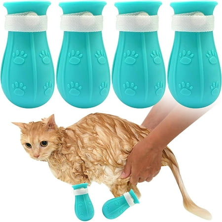 4PCS Cat Anti-Scratch Boots  Adjustable Cat Paw Protector Shoes Silicone Cat Shower Feet Cover Cat Foot Cover for Home Pet Hospital Bathing Nail Trimming Treatment (Blue)