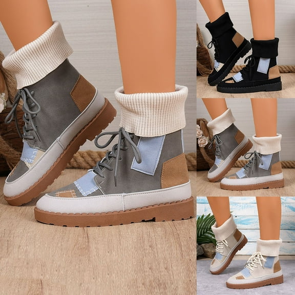 Miluxas Women's Casual Patchwork Lace Up Ankle Boots Warm Chunky Platform Short Boots for Winter Gray 9.5(43)