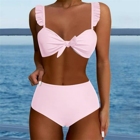 Ovticza Womens High Waisted Bikini Sets Ruffle Cheeky Tummy Control Full Coverage Push Up Solid Two Piece Swimsuits Pink L