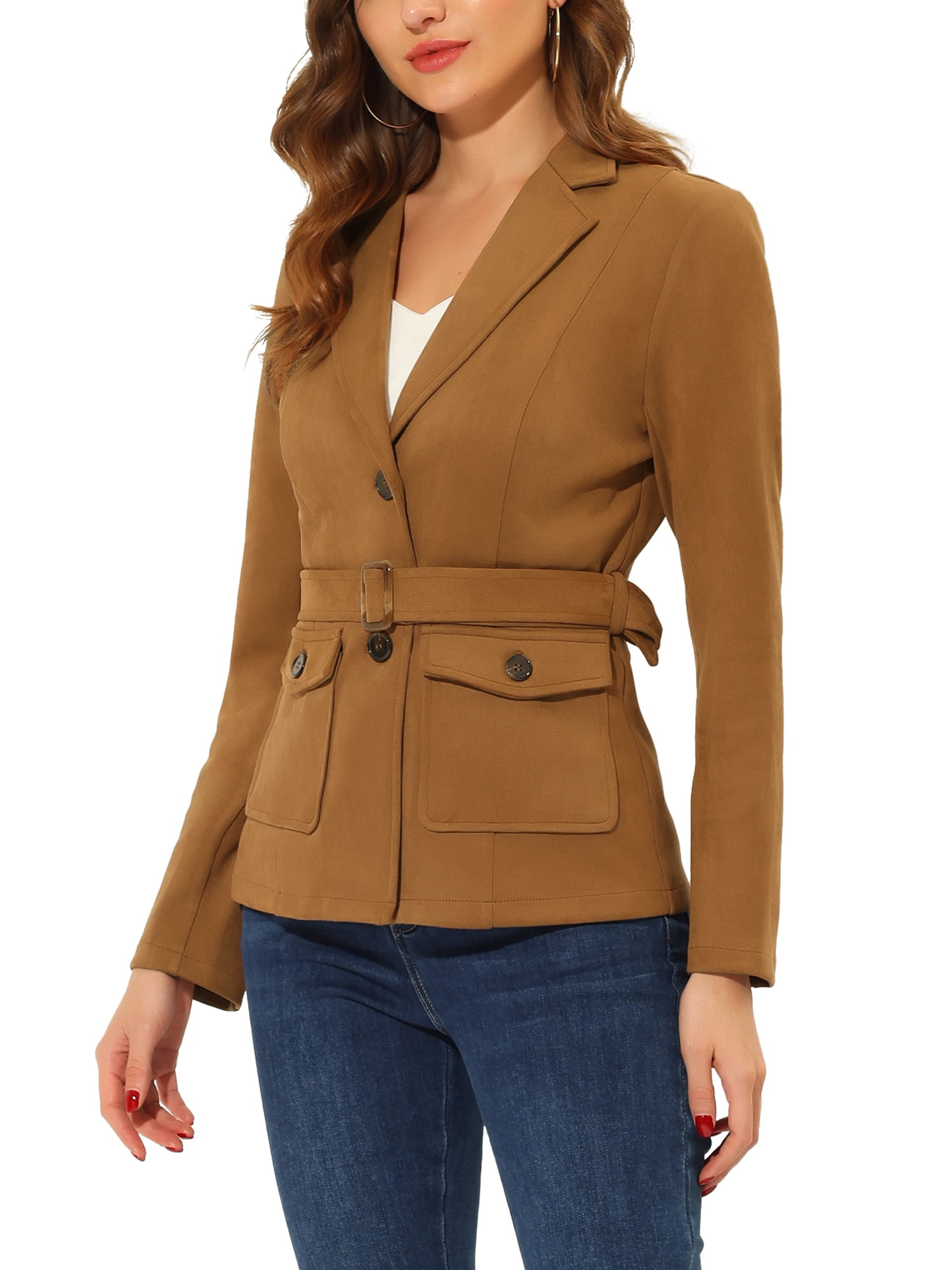 Unique Bargains Women's Faux Suede Belted Long Sleeve Single Breasted Blazer M Brown