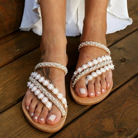 

2022 Summer Women Sandals Sweet Boho Pearl Decoration Sandals Leather Flats Plus Size Women Beach Sand Holiday Shoes Zapatos