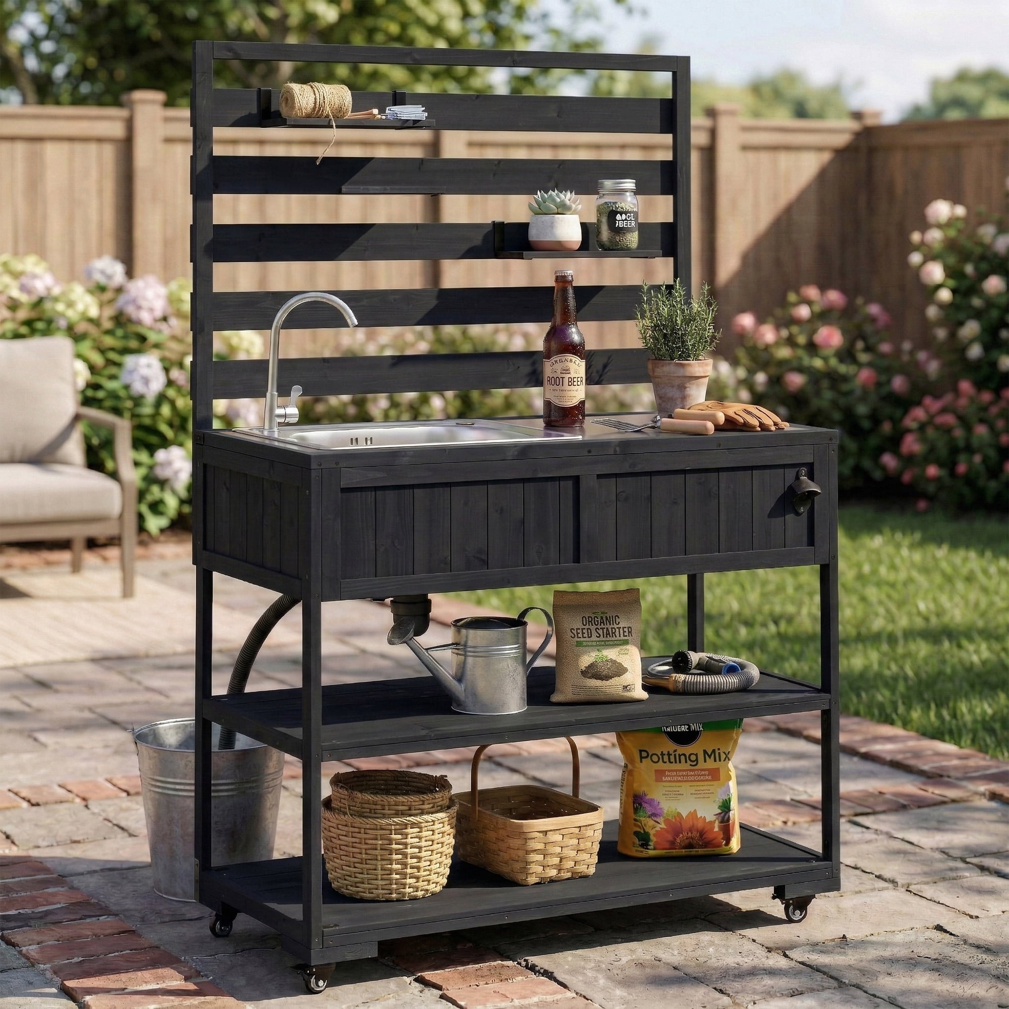 Mintazer Outdoor 41.7" Rolling Kitchen Island with Sink & Faucet, Garden Potting Bench with Stainless Table Top & 2 Movable Shelves and Bottle Opener, Black
