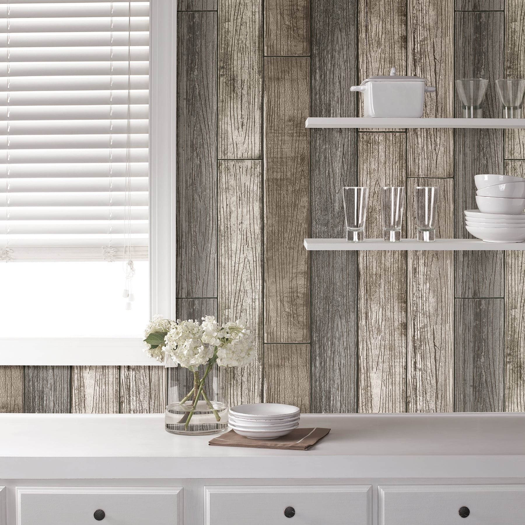 NuWallpaper Reclaimed Wood Plank Natural Raised Ink Vinyl Peel and Stick Wallpaper, 216-in by 20.5-in, 30.75 Sq. ft. 1 count