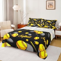 Homewish Cartoon Yellow Baseball Twin Sheet Sets, Softball Sport Lover Twin Fitted Sheet, Teens Kids Boys Girls Flat Sheet, Microfiber Bedroom Decor, 3pcs