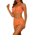 thumbnail image 4 of Bikinis de mujer con anillo, conjuntos de 3 piezas con falda de malla con cordón, color naranja pequeño, 4 of 5