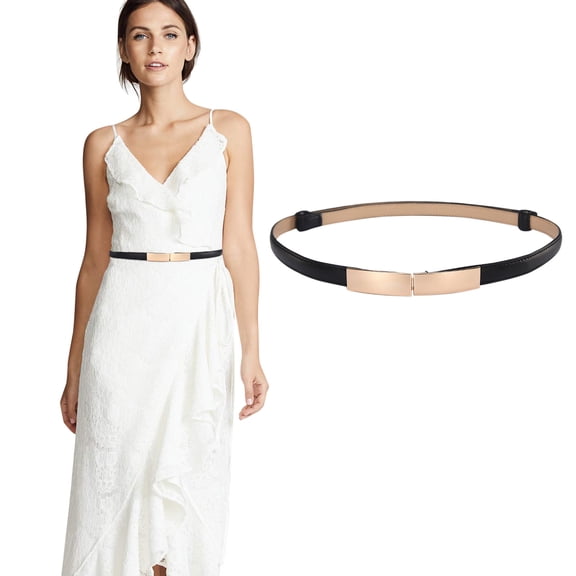Slim Leather Waist Belt, Metal Buckle Thin Strap, Elastic Dress Matching Belt, Narrow Decorative Waistband, Adjustable Fashion Belt For Formal Gown,Black