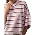 thumbnail image 2 of Women's Striped Crew Neck Drop Shoulder Short Sleeve Cropped Knit Sweater Pink S, 2 of 8