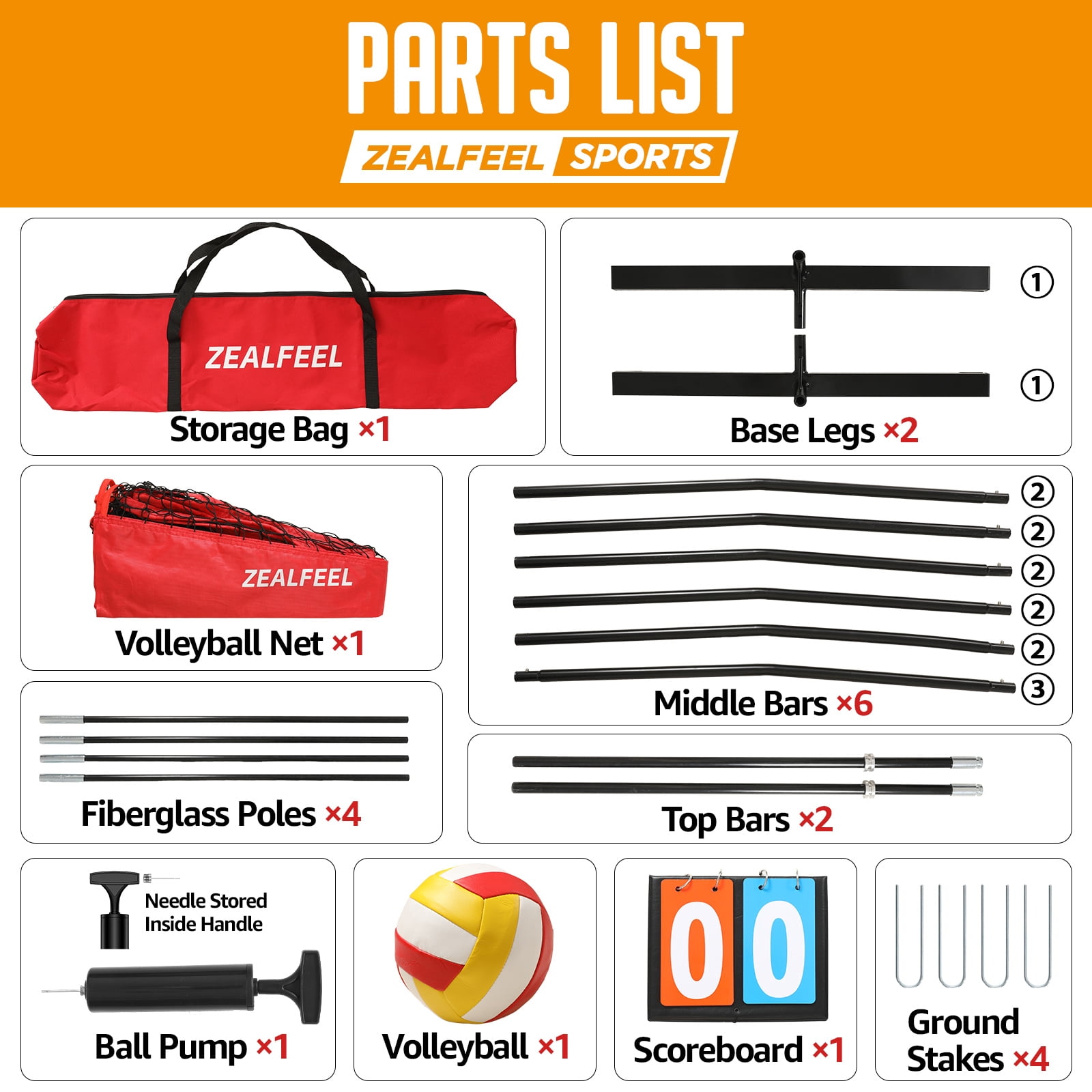 Zealfeel 20ft Volleyball Net Set: Height Adjustable Freestanding Training Net for Backyard & Outdoor Use. Includes All Accessories and Carry Bag