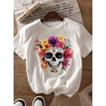 thumbnail image 1 of Halloween T-shirt - Colorful Flower Skulls Print T-Shirt, Short Sleeve Crew Neck Casual Top for Summer & Spring, Women'S Clothing, 1 of 6