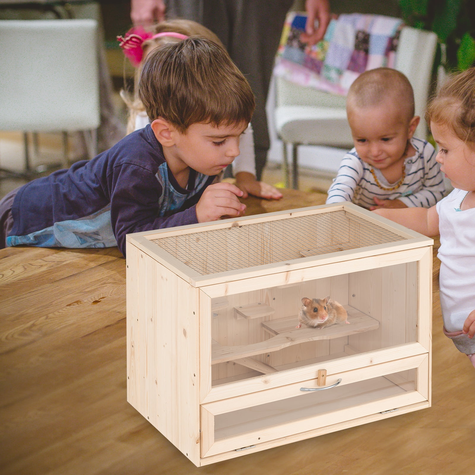 Gymax Wooden Hamster Cage Hamster Habitat Playpen w/ Mesh Flip Roof Multi-Ladder Areas