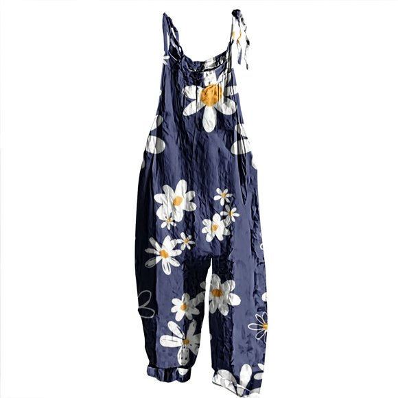 ManxiVoo Combinaison Vintage Florale pour Femmes 2025 Tendance Jambes Larges Bretelles Spaghetti Réglables Boho Chic Tenue d'Été TTG Taille Bleu