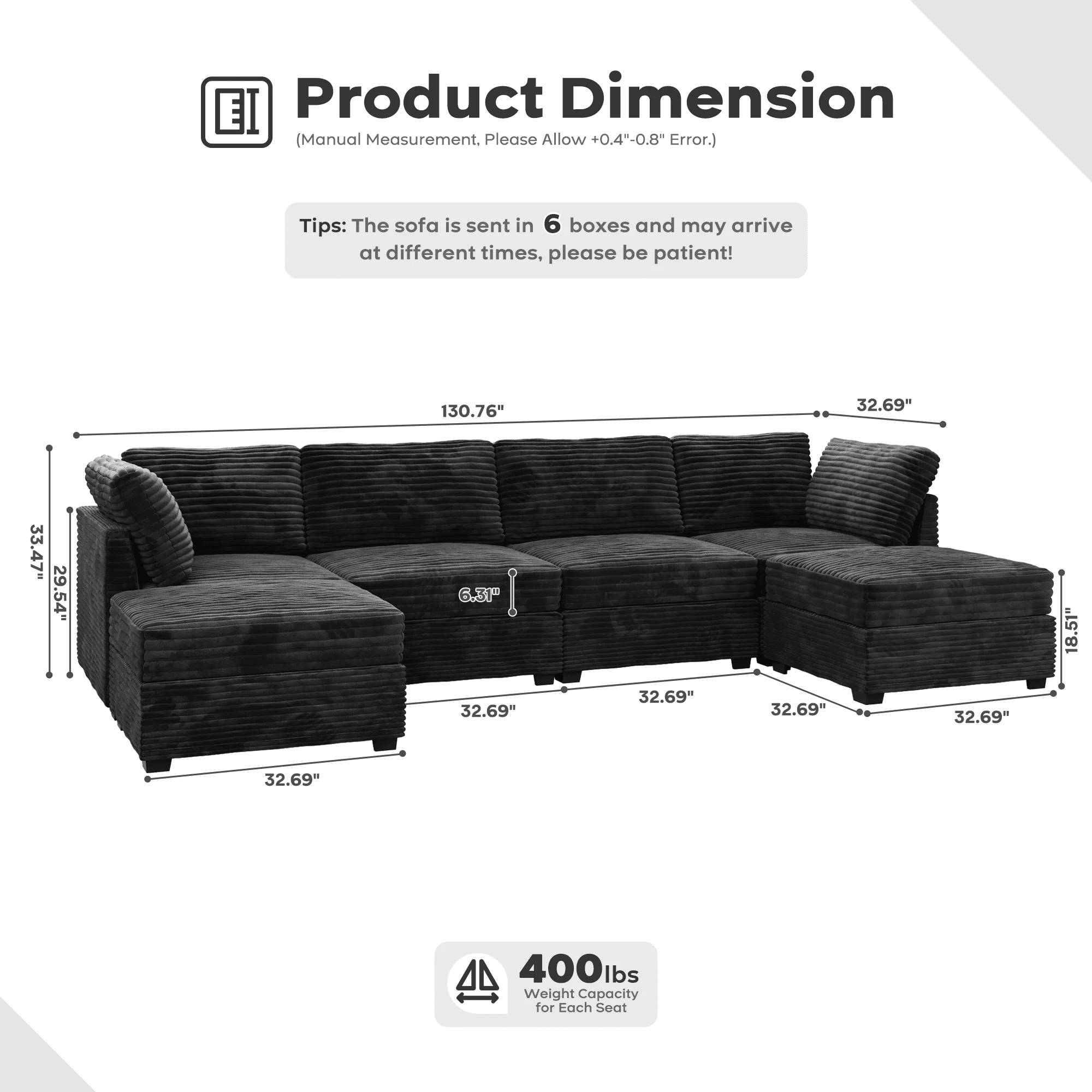 Vcatnet 130.7" Modular Sectional Sofa Couch Corduroy L Shaped Oversized Modern Minimalist Couch with Deep Seat and Ottoman for Living Room, 4 Seat, Black