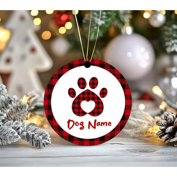 Personalized Dog Ornament: Buffalo Plaid Paw Print Christmas Decor