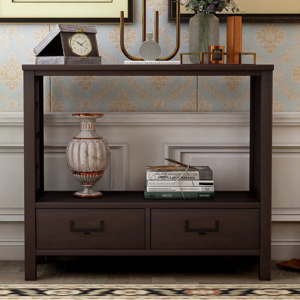Kepooman Wooden Farmhouse Console Sofa Table with 2 Bottom Drawers for Entryway, 36“L x 13”W x 30”H, Espresso Kepooman Wooden Farmhouse Console Sofa Table with 2 Bottom Drawers for Entryway, 36“L x 13”W x 30”H, Espresso