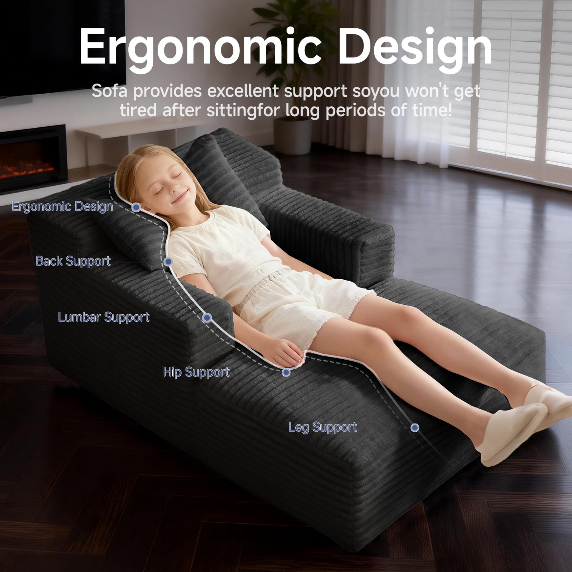 AISWORD 45.6'' Small Chaise Lounge Chair Indoor Corduroy Cloud Floor Sofa Bed No Assembly Required Deep Seat Boneless Couch with Pillows, Black