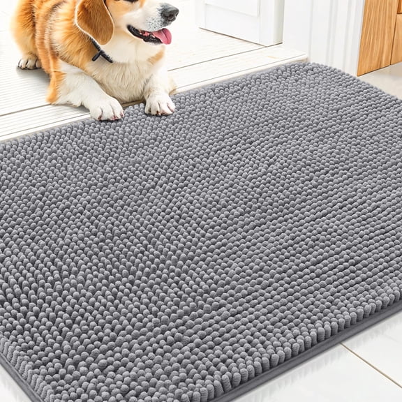Dog Door Mat for Muddy Paws, 32 x 20 in Absorbent Chenille Mud Mat, Non-Slip Washable Dog Paw Mat, Quick-Drying Indoor Doormat for Entryway, Grey