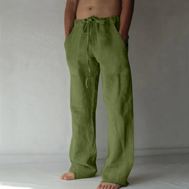 EGNMCR Men's Linen Pants Work Pants for Men Summer Casual Loose Beach Drawstring Pants with Pockets