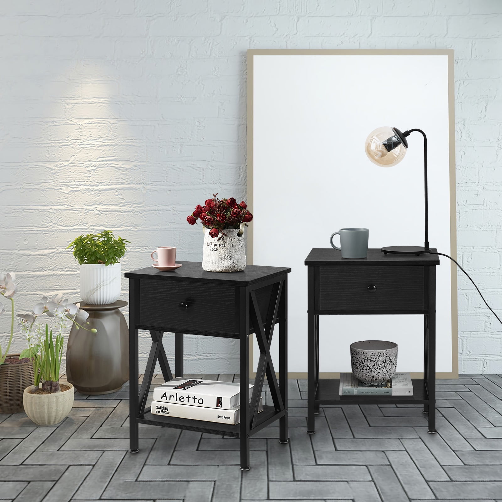 VECELO (Sets of 2)XDesign Nightstand with Drawer & Storage Shelf