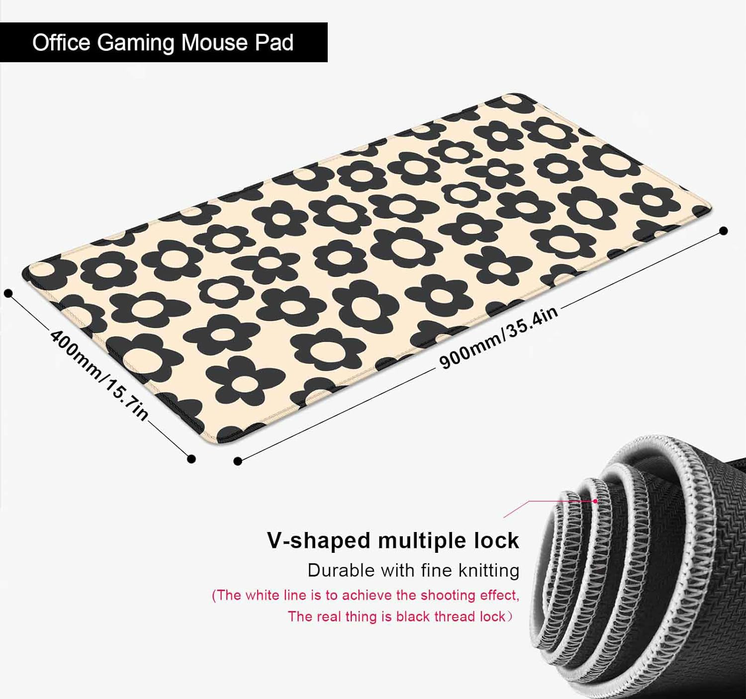 Abstract Black Flowers Large Mouse Pad for Desk, Vintage Floral Pattern Desk Pad, Cute Gaming Mouse Pad XXL, Full Desk Mouse Pad Desk Mat, 35.4 x 15.7 in