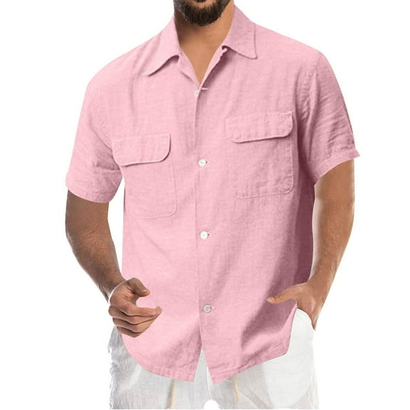 WTXUE Button-Up Shirts Short Sleeve, Notch Neck Shirts Top Shirt Pocket Single Breasted Shirt Cotton Shirt Top Workwear for Men Pink 3XL