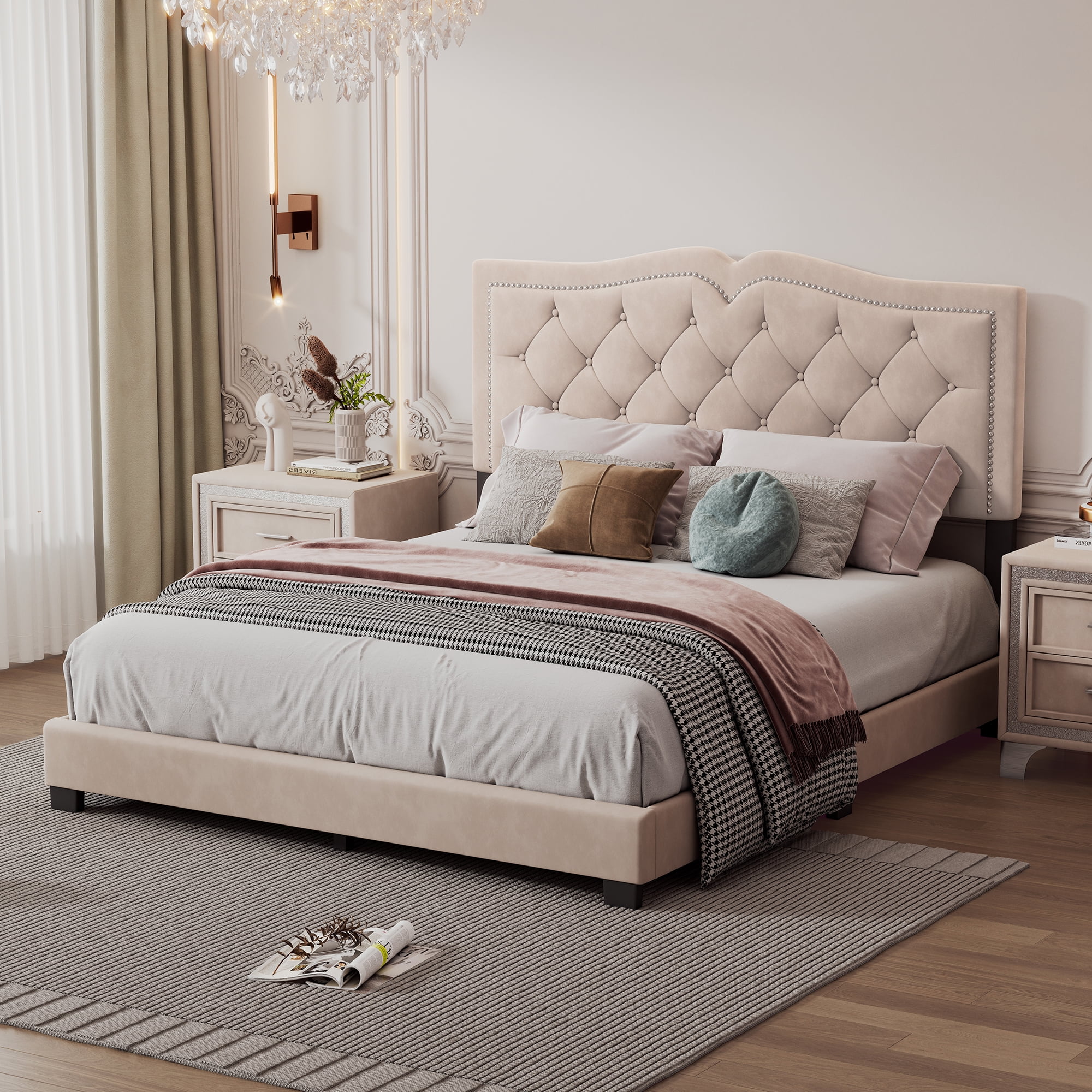 Queen Size Upholstered Bed Frame - Velvet Tufted Headboard with Rivet Design, Beige, 700LBS Capacity, No Box Spring Needed​