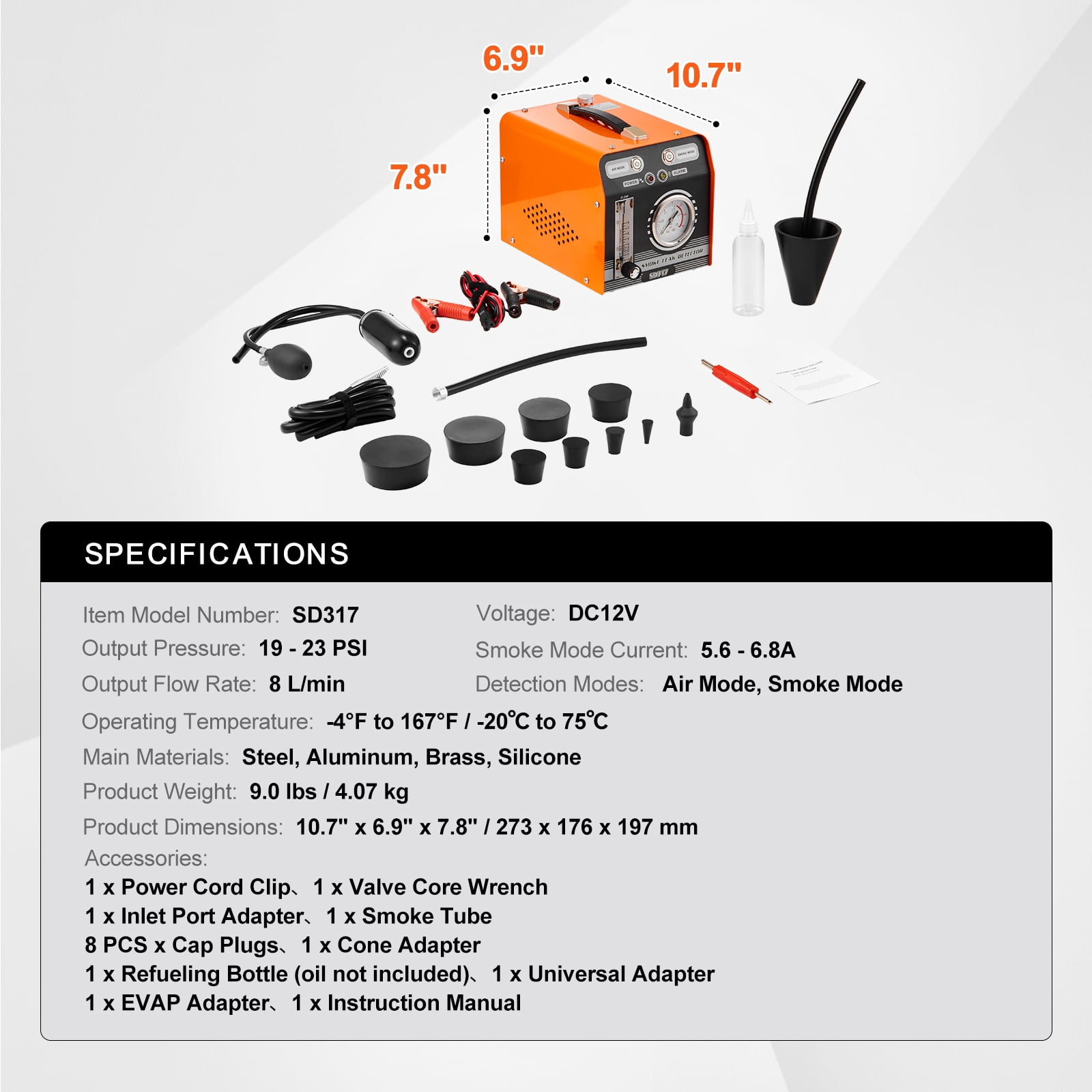 KFFKFF Car Smoke Machine for Leak Detection, Includes Integrated Air Pump, Pressure and Flow Meters, Versatile Dual-Mode System for Checking Vacuum and Fuel Lines